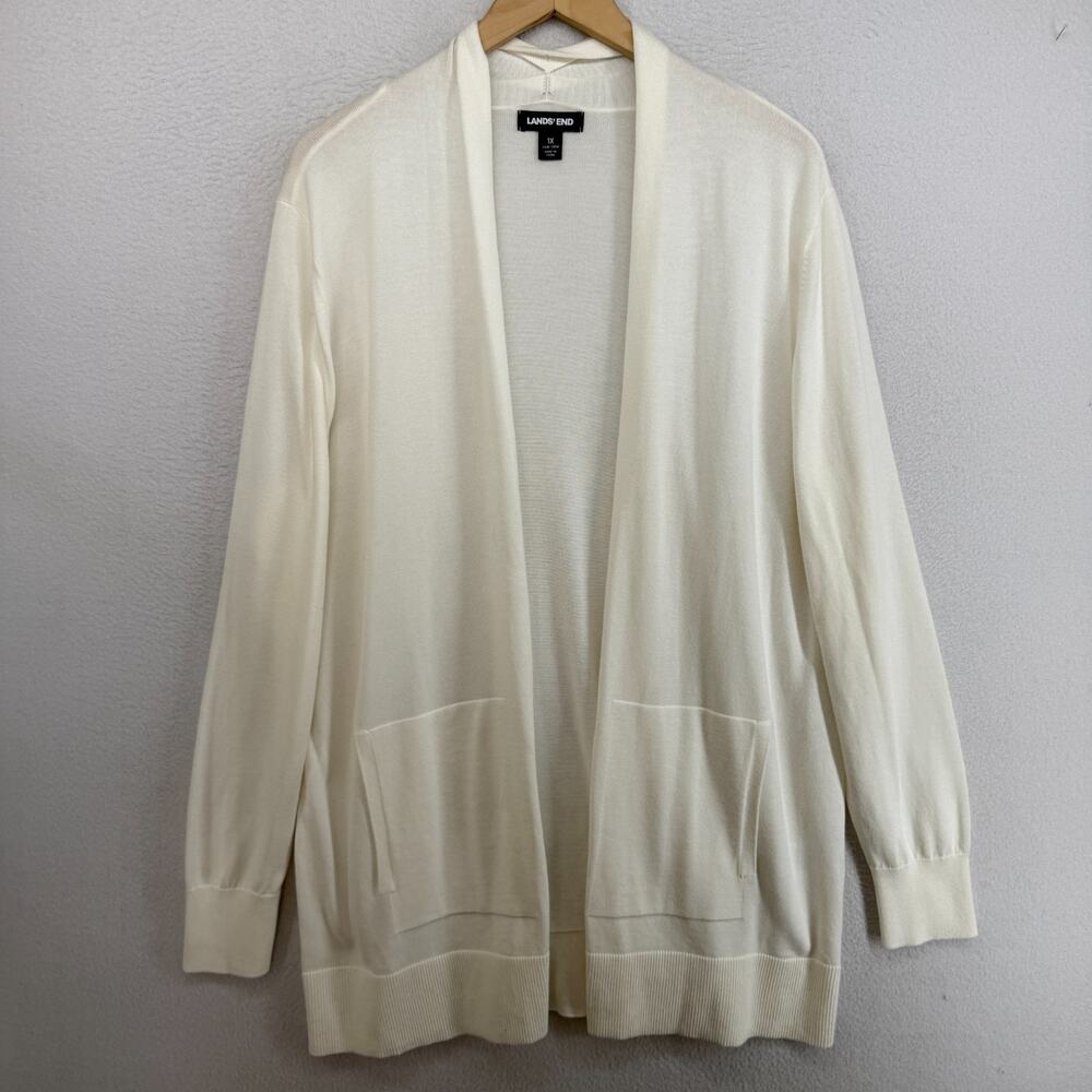 LANDS END Sweater Womens 1X School Uniform Open Front Long Cardigan Off White